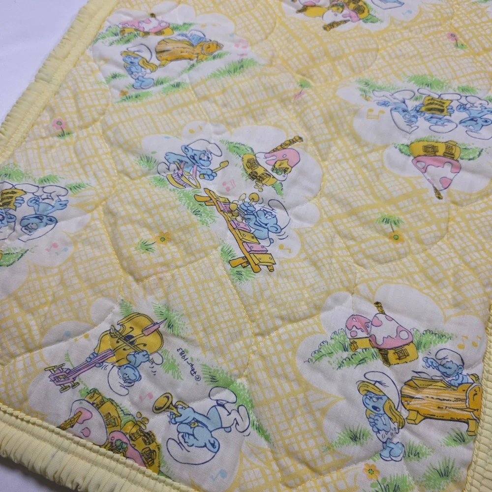 Vintage 1983 Smurfs Quilted Baby Changing Pad Yellow Gingham Dundee 26x15 Pocket